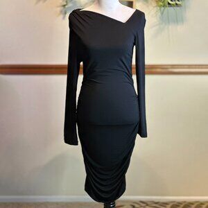 Black Asymmetrical Off-the-Shoulder Ruched Bodycon Dress